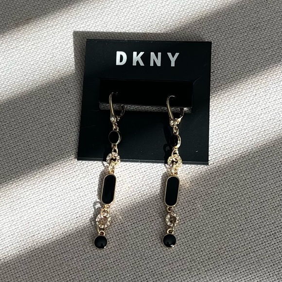 DKNY Gold-Tone Pave Circle & Jet Resin Linear Drop Earrings Black/Gold New w/Tag - Picture 1 of 4